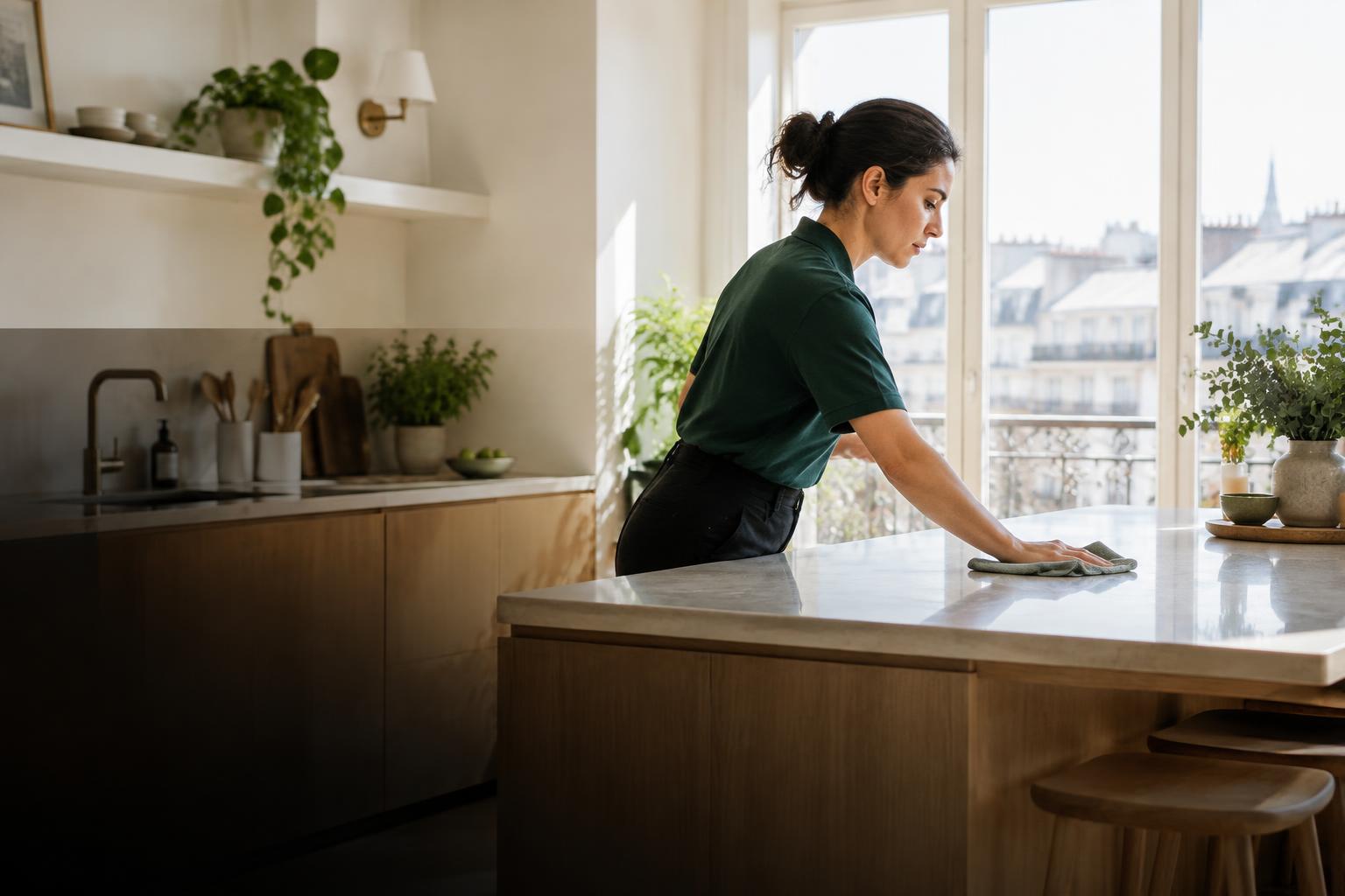Une professionnelle entretient une cuisine lumineuse